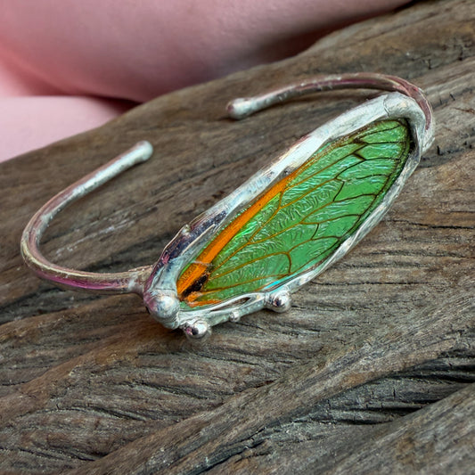 17-Year Cicada Wing Bracelet Cuff with Green Iridescence | Real Insect Jewelry | Nature-Inspired Gift | Made to Order