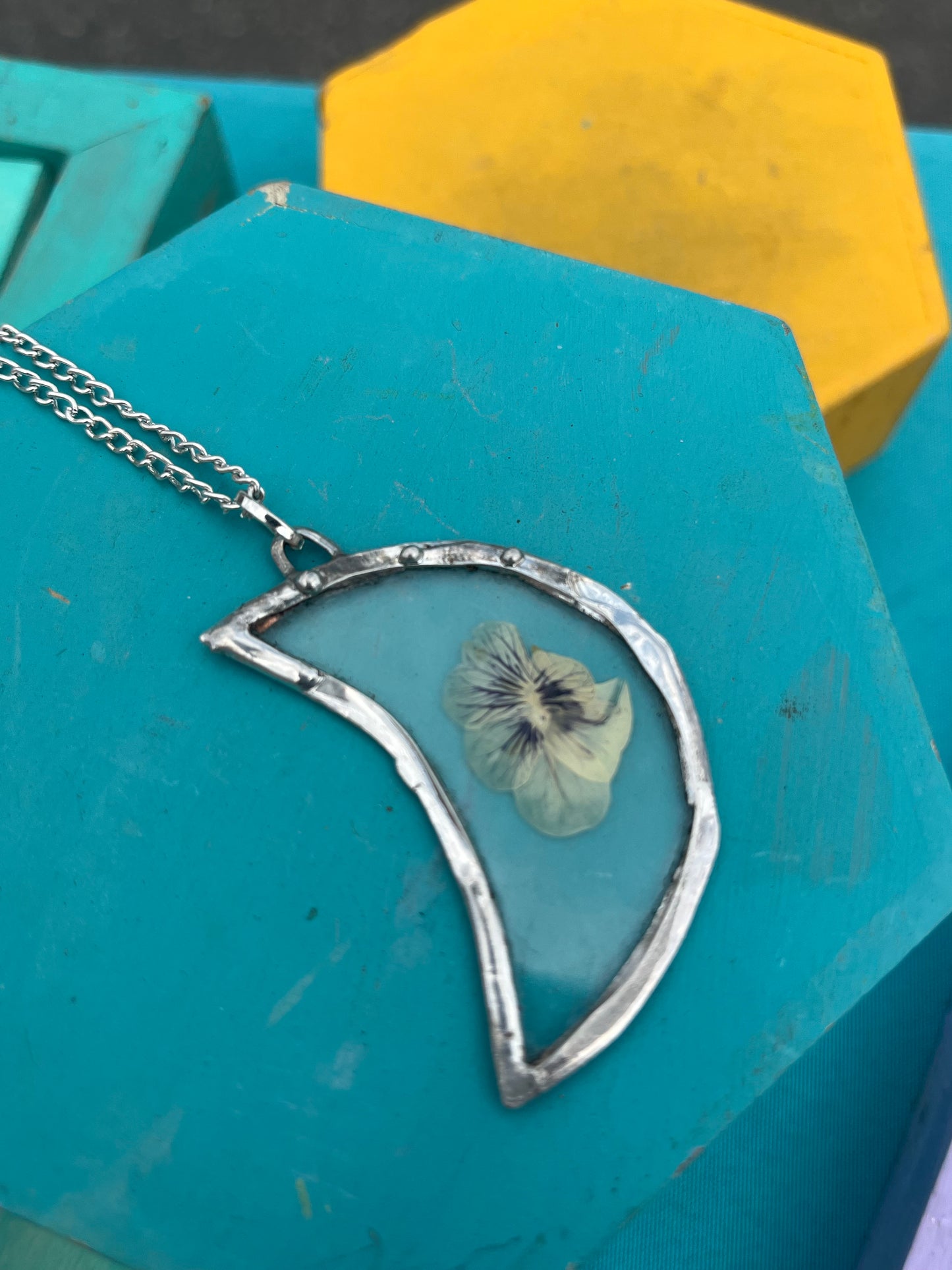 Pansy Flower Crescent Moon Necklace – Resin Botanical Jewelry