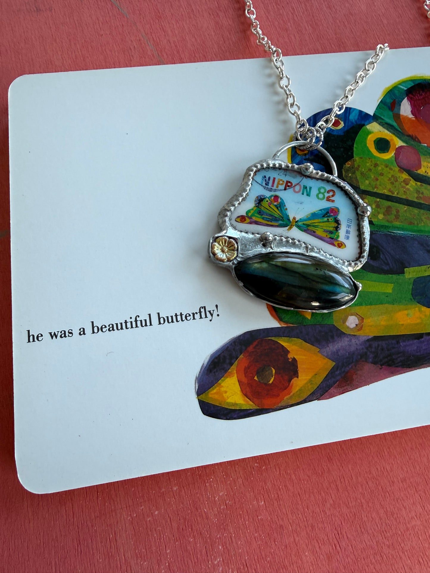 Resin & Czech Glass Necklace with Japan Stamp Butterfly | Labradorite Pendant | Lead & Nickel Free The Hungry Caterpillar