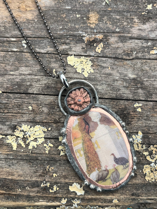 Guinea Fowl Poultry Illustration Pendant – Czech Glass & Antique Copper Necklace