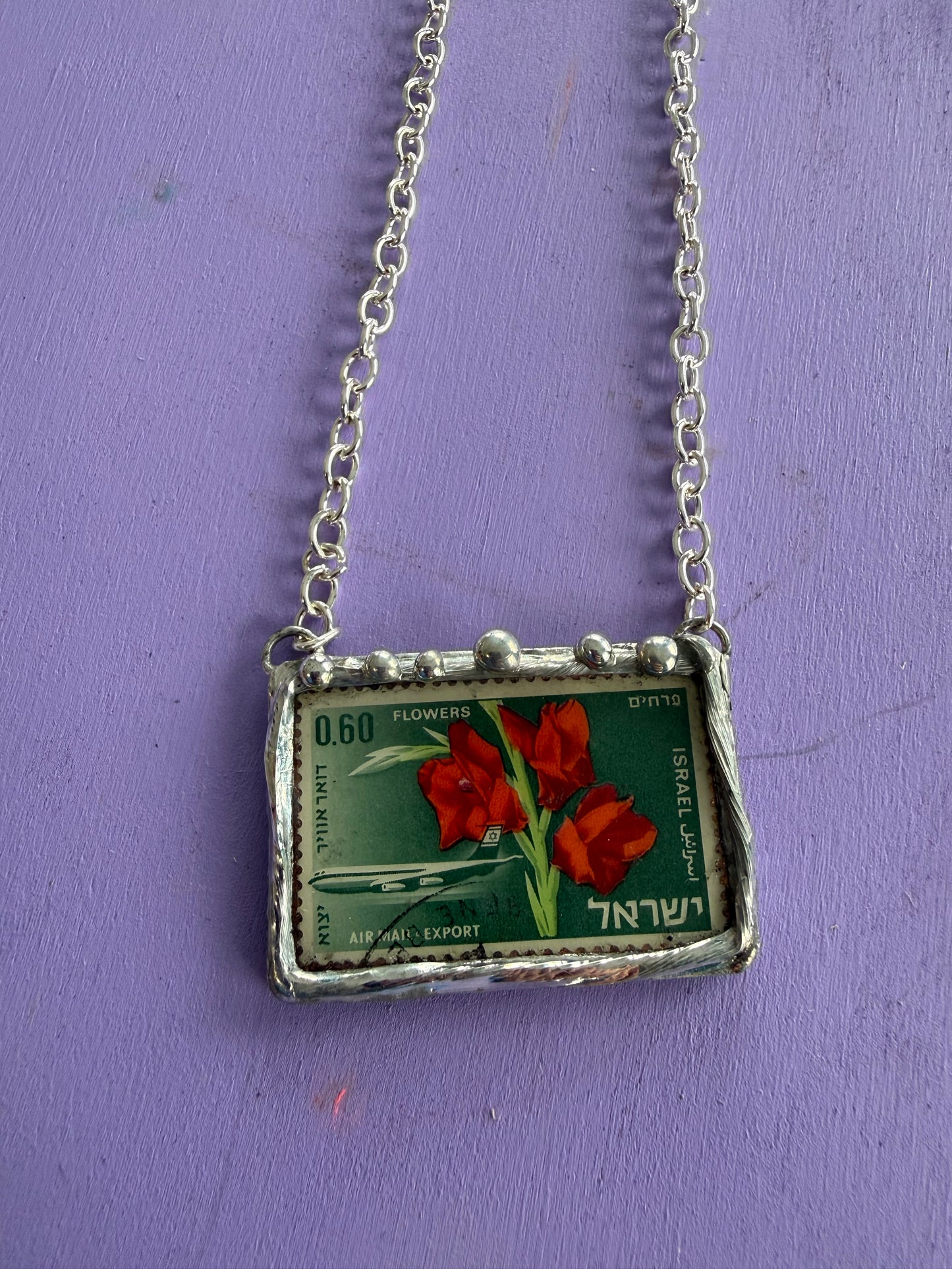 Vintage Israeli Red Flower Stamp Necklace
