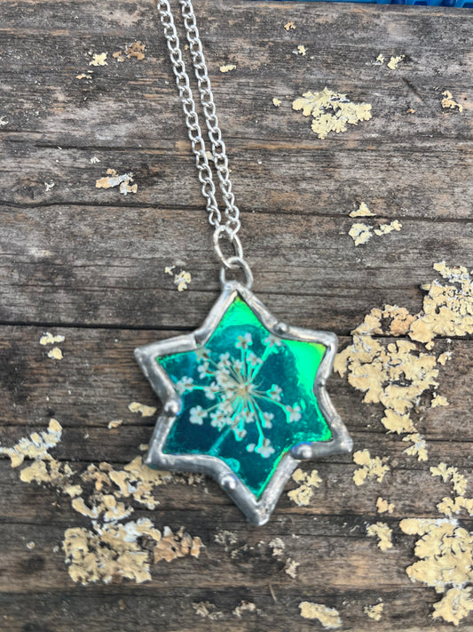 Star of David Necklace with Green Shimmer & Queen Anne’s Lace