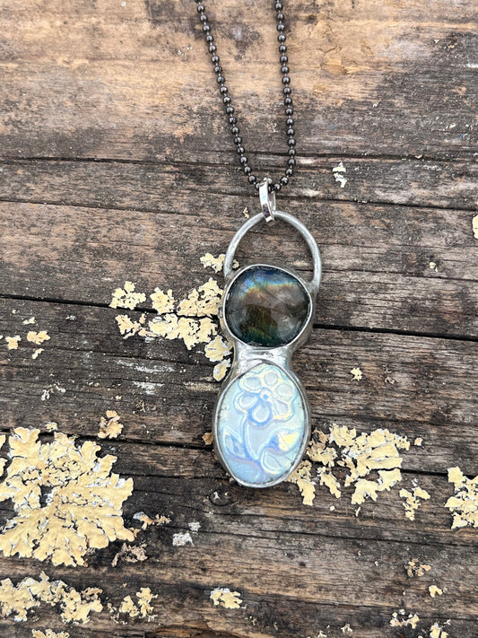 Iridescent Czech Glass Floral Necklace with Labradorite Pendant