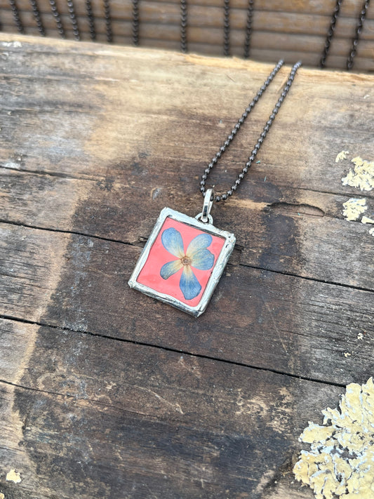 Petite Blue Hydrangea and Coral Pink Flower Necklace – Delicate Floral Jewelry
