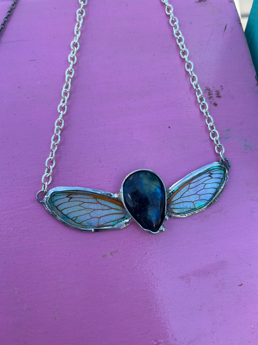 Double Iridescent Cicada Wing Necklace with Teardrop Labradorite – Ethereal Nature Jewelry