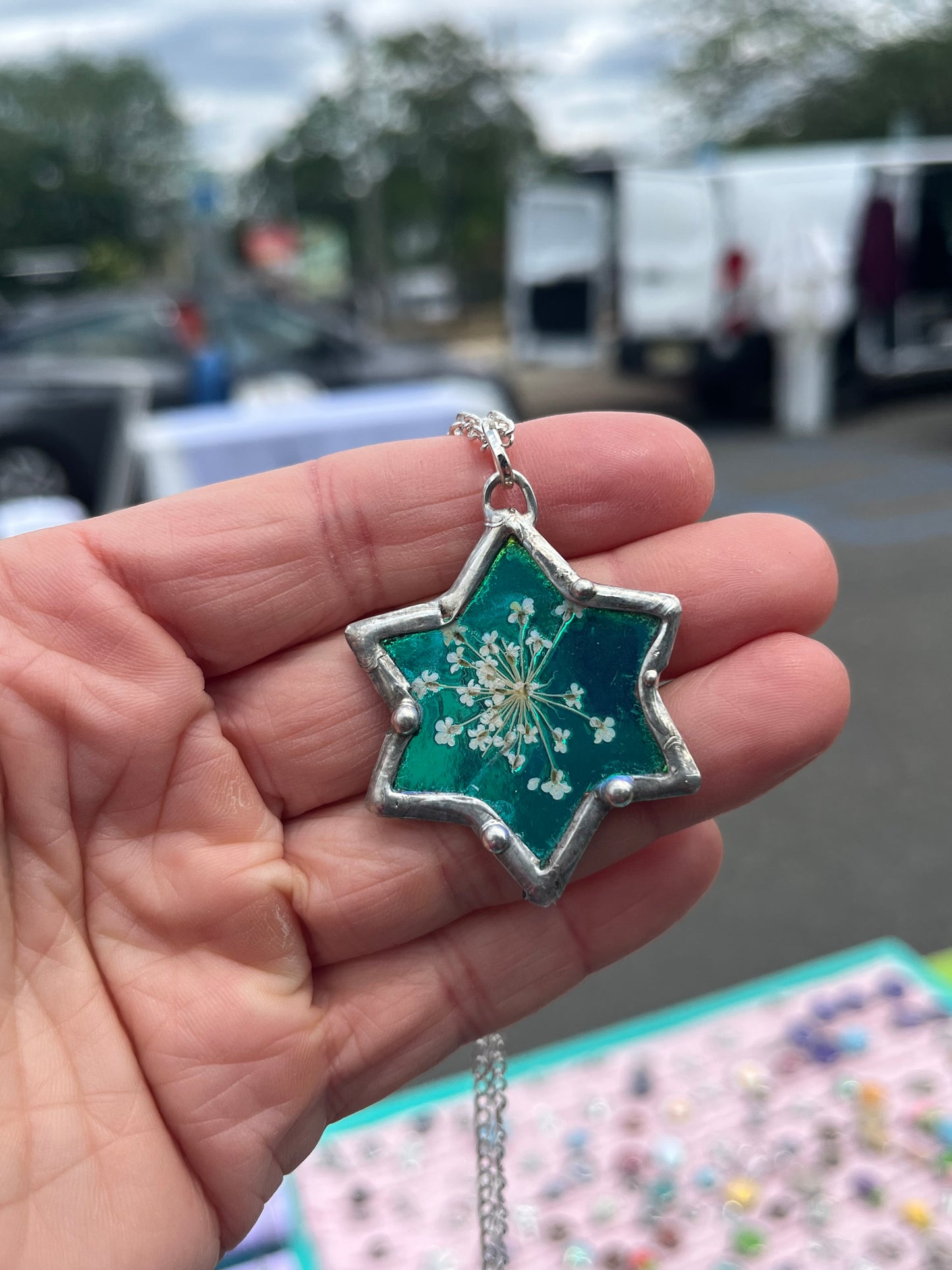 Star of David Necklace with Green Shimmer & Queen Anne’s Lace