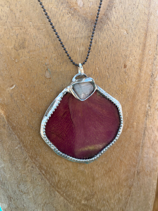 Red Rose Petal Necklace with Raw Ethiopian Opal – Romantic Nature Statement Jewelry