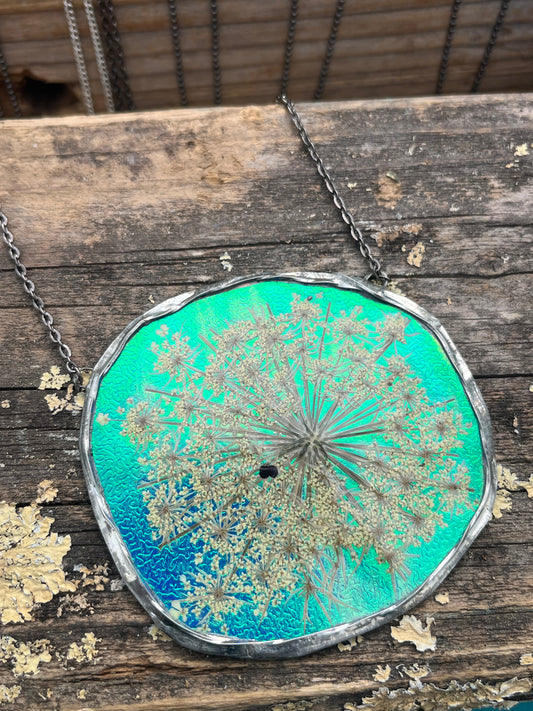 Large Statement Queen Anne’s Lace Flower Necklace with Glowing Blue Background – Bold Floral Jewelry
