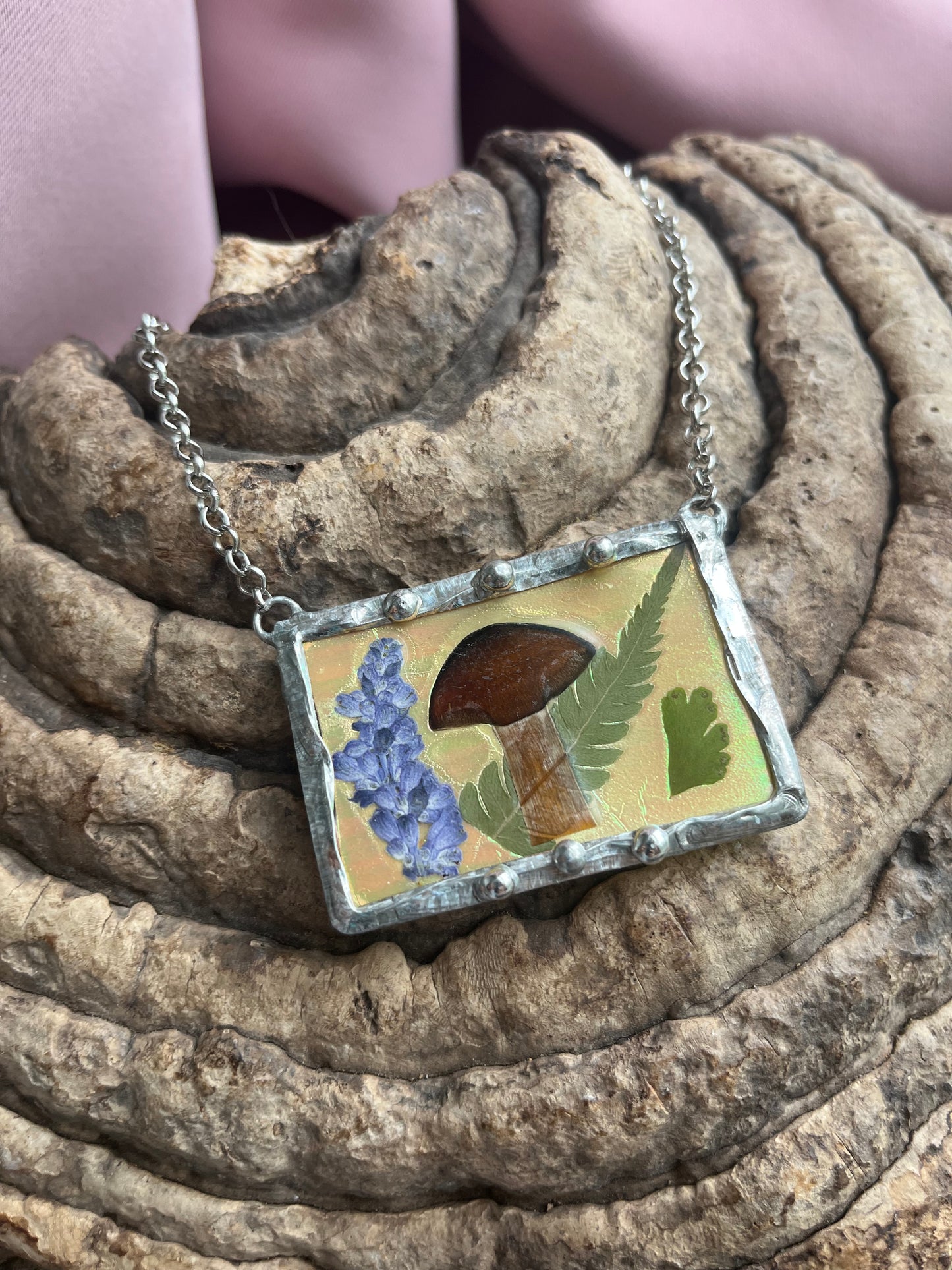 Mushroom Botanical Iridescent Fairy Land Necklace